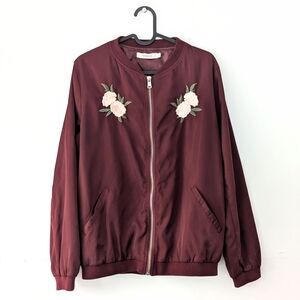 Daphnea Paris Burgundy Floral Embroidered Bomber Jacket Romantic Feminine ~Large